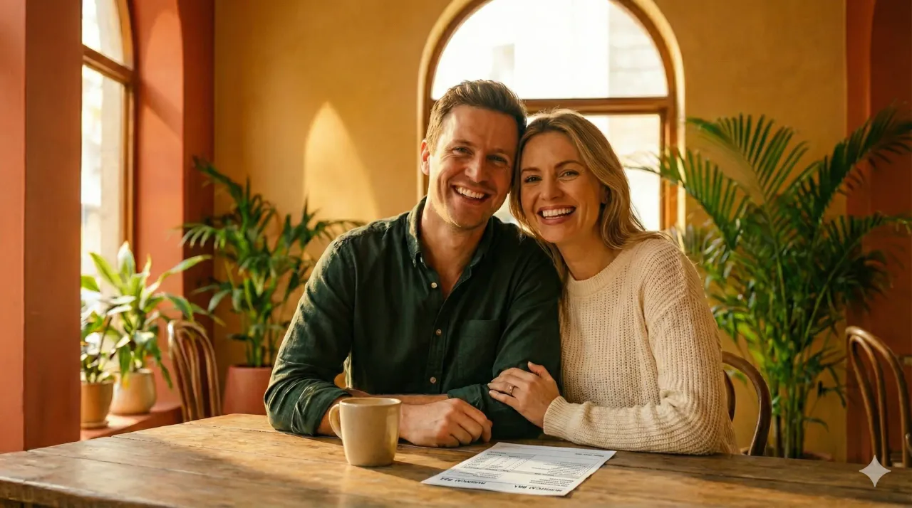 A couple smiling as they review a medical bill together at their kitchen table