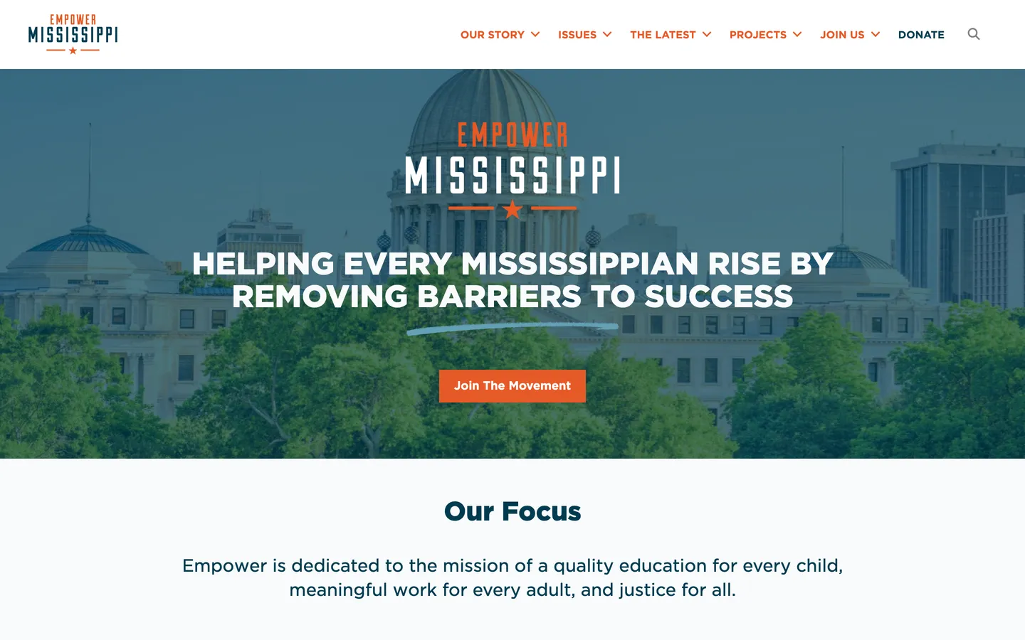 The old homepage: the Empower Mississippi lockup over a photograph of the state capitol, with the headline Helping Every Mississippian Rise By Removing Barriers To Success.