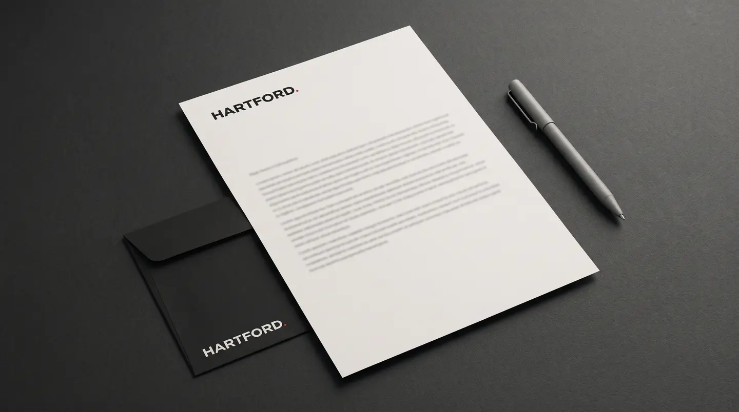 Letterhead and a black envelope arranged on a graphite desk, each carrying the Hartford wordmark.