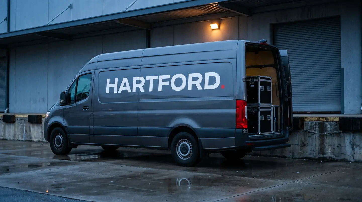 The Hartford wordmark on the side of a graphite cargo van backed onto a loading dock, rear doors open on racked flight cases.