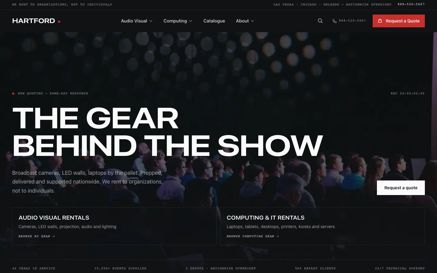 The new homepage: THE GEAR BEHIND THE SHOW set large in white over a dark photograph of a conference audience.