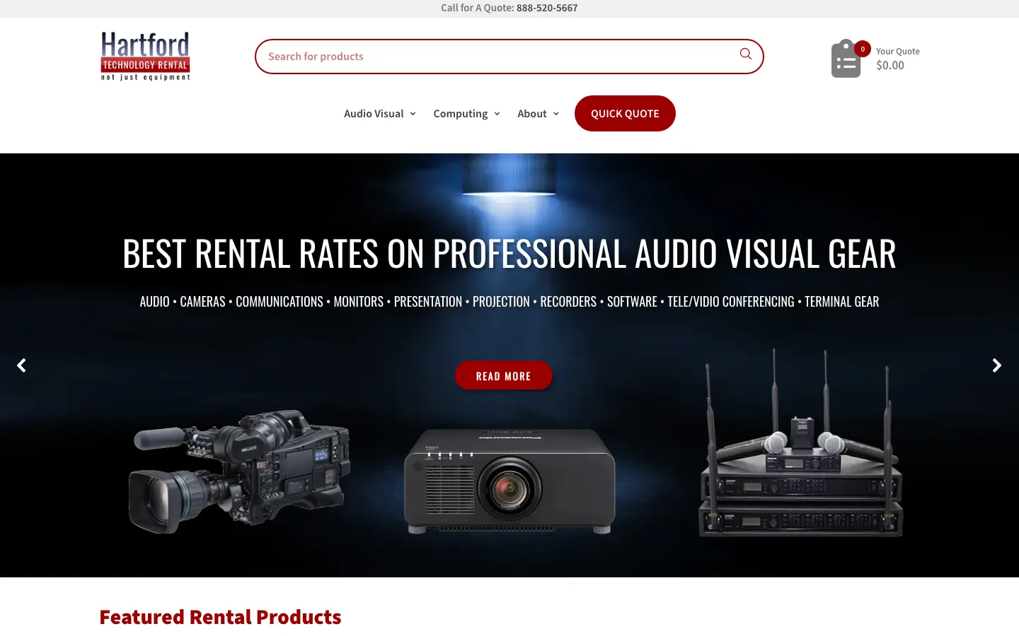 The old WordPress homepage: a blue gradient hero reading BEST RENTAL RATES ON PROFESSIONAL AUDIO VISUAL GEAR above a row of product cut-outs.