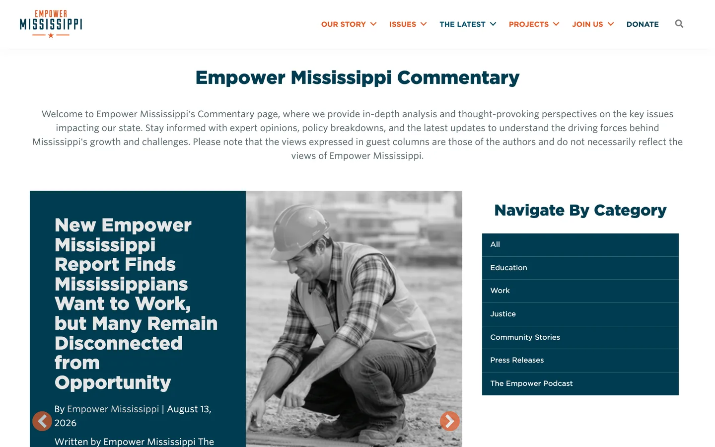 The current commentary page on empowerms.org, with a Navigate By Category list mixing education, work, justice, press releases and the podcast