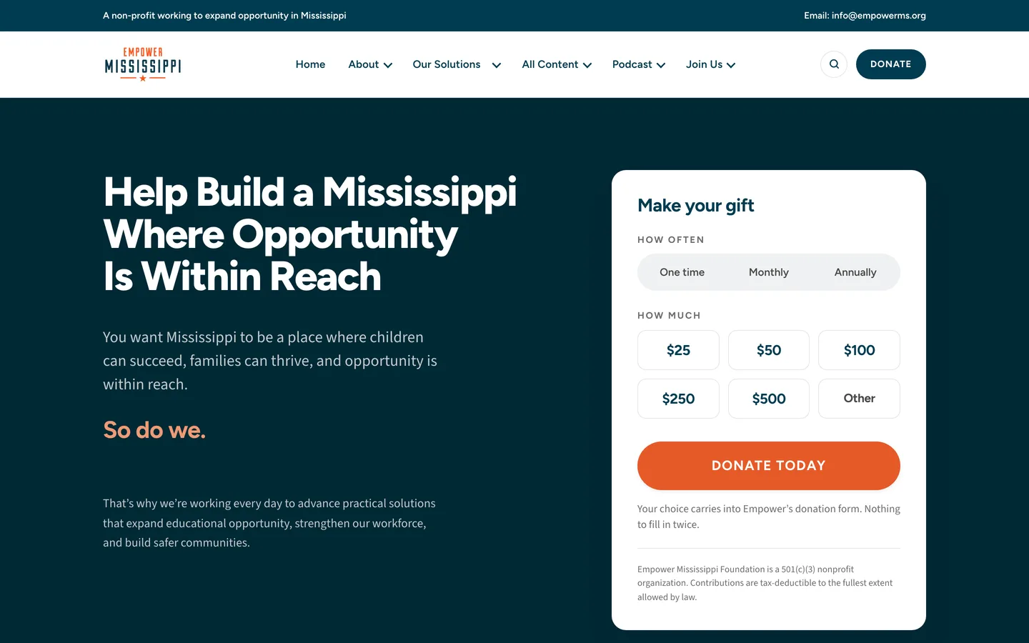 The new Empower Mississippi donate page: a Make your gift card with frequency and amount chosen on the page
