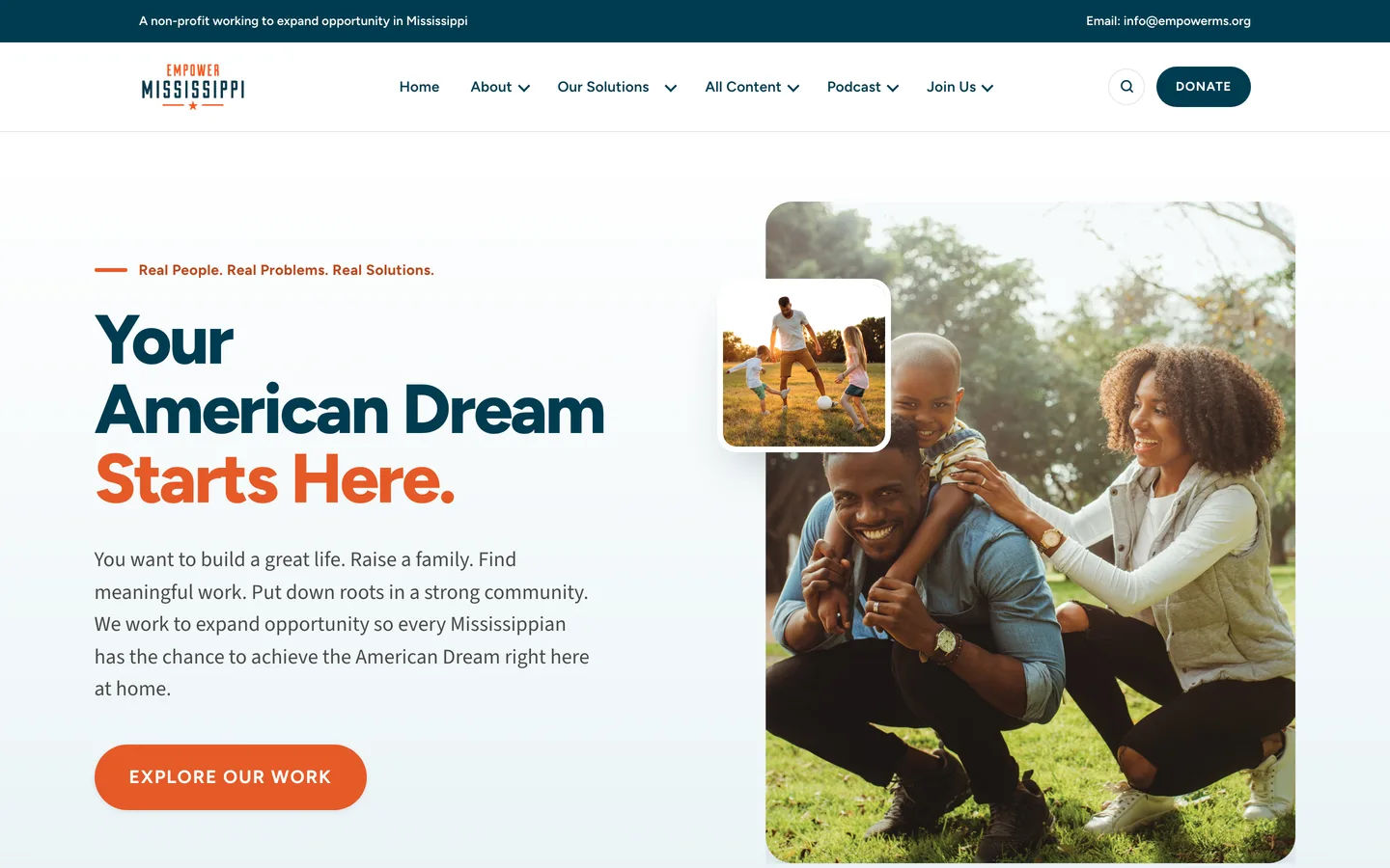 The new Empower Mississippi homepage: Your American Dream Starts Here, over a photograph of a family
