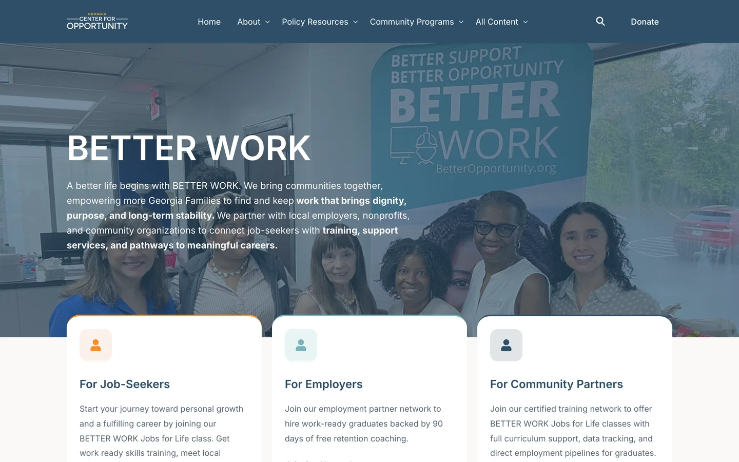 The BETTER WORK page on foropportunity.org, with routes for job-seekers, employers and community partners